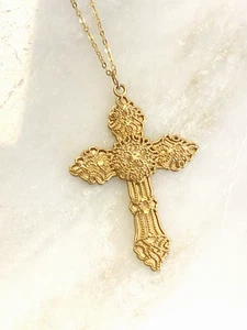 10K Gelbgold Kreuz 3D filigran Anhänger mit 20" Zoll Kette/Halskette - Bild 1 von 12