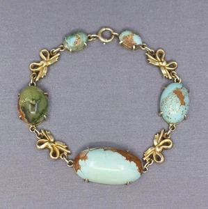 Antikes viktorianisches Türkis Gliederband Schleife Armband in 14 Karat Gelbgold - Bild 1 von 7