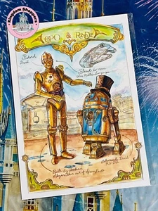 Tarjeta postal Steampunk 5x7 2025 de la marca WonderGround de los parques de Disney página C-3PO y R2-D2 - Imagen 1 de 1
