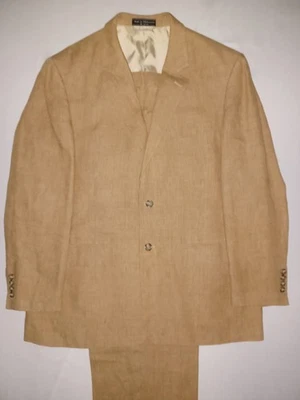 Men's Paul Fredrick Beige Brown Plaid 100% Linen Suit Jacket 42R Pants 36W 30L - Image 1 of 4