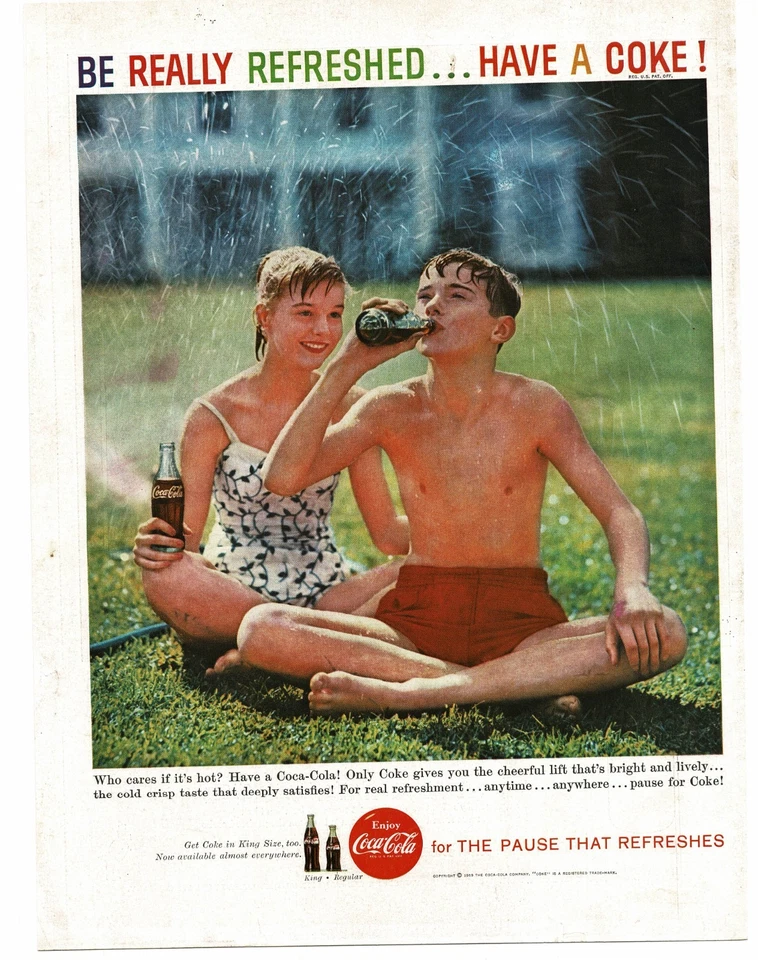 1959 Coca Cola Coke boy girl sitting under lawn sprinkler Vintage Print Ad - Image 1 of 1