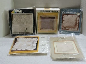 LOT OF 5 ASSORTED VINTAGE CANDLEWICK PILLOW CREWEL EMBROIDERY KITS ALL 14"X14" - Picture 1 of 11