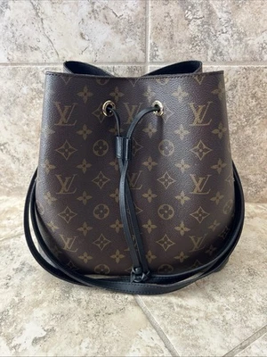 Louis Vuitton Neo Noe Monogram MM Bucket Bag Brown Leather black trim drawstring - Image 1 of 4