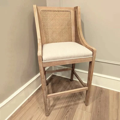 Set 2 Boho Rattan Back Bar & Counter Height  Stool, French Country Wooden Stool - Image 1 of 4