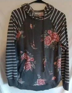 Maurices Floral Hoodie Pullover w/striped sleeves - Women's Small curved hem - Picture 1 of 6