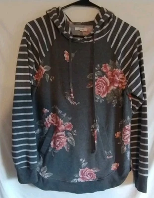 Maurices Floral Hoodie Pullover w/striped sleeves - Women's Small curved hem - Image 1 of 4
