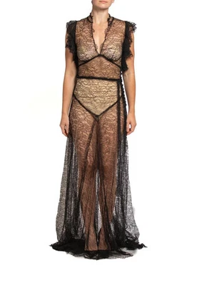 2000S MONIQUE LHUILLIER Black Sheer Rayon & Nylon Delicate Lace 1930S Style Gown - Изображение 1 из 3