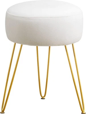 White Velvet Vanity Stool Round Ottoman Footrest Chair for Makeup Room Bathroom - Image 1 of 4