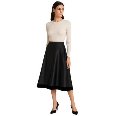 Vintage Tadashi Black Satin Midi Skirt Made in USA Velvet Trim Sz 12 A Line 90s - Image 1 of 4