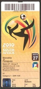 Boleto Copa Mundial de Fútbol de Sudáfrica 2010 # 27 Usado Eslovaquia 0 vs Paragauay 2 - Imagen 1 de 1