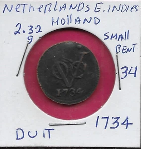 BRAZOS CORONADOS HOLANDESES INDIAS ORIENTALES, HOLANDA 1 DUIT 1734, MONOGRAMA VOC EN MEDIO, - Imagen 1 de 2
