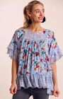 New UMGEE sizes S L Sky Blue Floral Print Top Ruffled Sleeves LaceTrim OVERSIZED