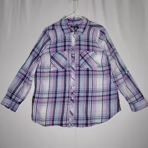 Relativity Top Women 2X Purple Blue Plaid Button Collar Long Sleeve Lightweight - Picture 1 of 6