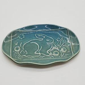 Art Pottery Trinket Dish Porcelain Bunny Blue/Green Spring Easter 5"x3.5" Signed - Picture 1 of 8