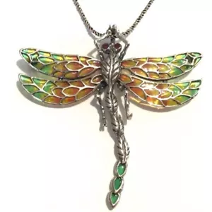 Sterling Silver Plique a Jour Art Deco Ruby Dragonfly Big Brooch Pendant & Chain - Picture 1 of 3