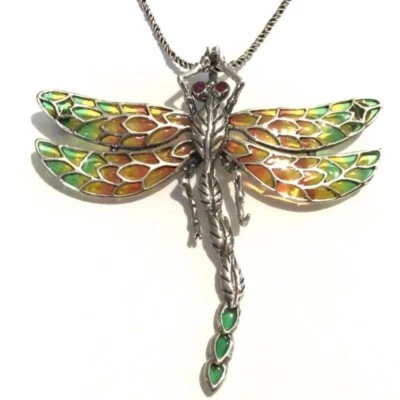 Sterling Silver Plique a Jour Art Deco Ruby Dragonfly Big Brooch Pendant & Chain - Image 1 of 3