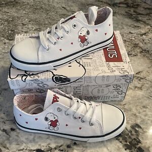 New Sz 1 Girls Sneakers Peanuts Snoopy White Canvas Tie Lace Up Shoes #253451