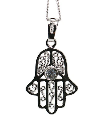 collana mano di fatima punto luce zircone brillante ottone rodiato 18kgf donna - Immagine 1 di 4