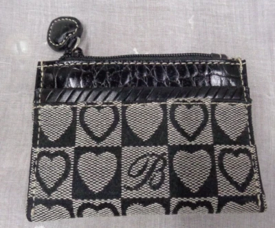 BRIGHTON Negro Cuero/Lona BOLSO CAMBIO MONEDA Bolsillo Tarjetero Cremallera Corazón 4x3 Foto 1 de 4