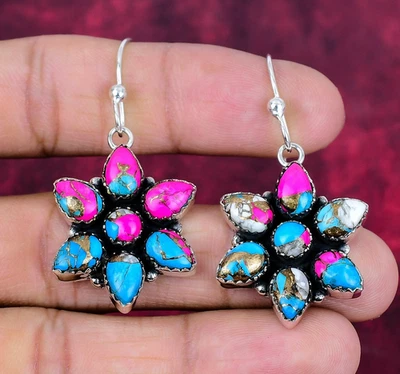 Pendientes de plata de ley 925 hechos a mano con piedras preciosas turquesa algodón caramelo joyería Foto 1 de 4