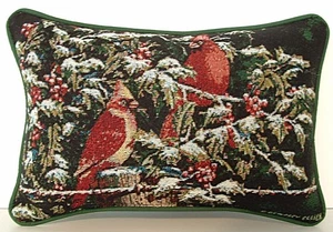 Red Birds On Snowy  Holly Branches, Small Tapestry Pillow, Dempsey Essick,  New - Picture 1 of 6