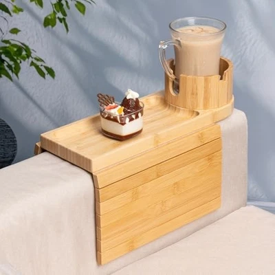 Couch Cup Holder Tray for Thin Armrest Wider Than 4.9'', Natural Colors+bamboo - Image 1 of 4