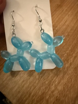 Blue 3D Resin Balloon Dog Puppy Dangle Earrings. Large, Whimsical Animal Jewelry - Image 1 of 2