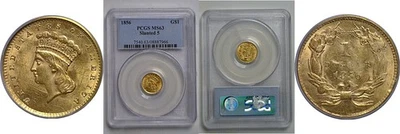 Moneda de oro de un dólar 1856 graduación profesional MS-63 Foto 1 de 3