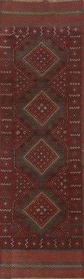 Alfombra de lana roja y verde geométrica tribal afgana estrecha/9 pies corredor hecha a mano 2x9 Foto 1 de 4