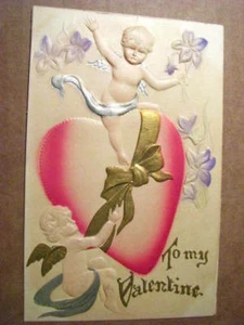 VINTAGE VALENTINE POSTCARD CHILDREN ANGELS / CUPIDS #31 - Picture 1 of 2