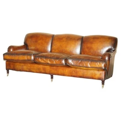 1 OF 2 LARGE GEORGE SMITH HOWARD & SON'S BROWN LEATHER SIGNATURE SCROLL ARM SOFA - Image 1 of 4