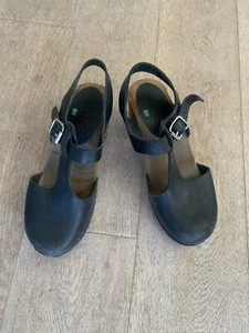 Lotta from Stockholm Highwood T Bar Clogs Black Leather Size 38/7 1/2 - Picture 1 of 4