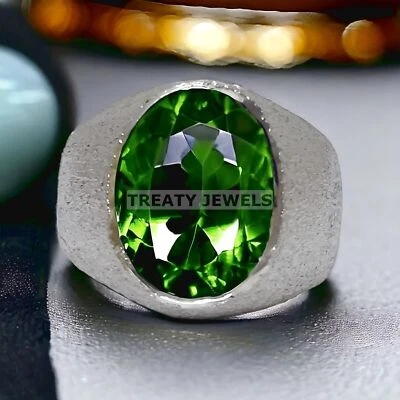 Piedras preciosas de corte ovalado de peridoto con anillo de plata de ley 925 para hombre #944 Foto 1 de 4