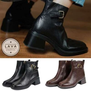 Womens Fashion Block High Heel Leather Ankle Dress Short Boot Shoes Fleece Lined - Picture 1 of 14