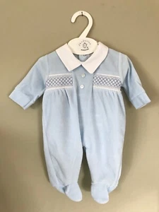 BABY BOYS BLUE ROMPERS SPANISH SMOCKED VELOUR SLEEPSUIT BOYS 3-6 MONTHS GIFT - Picture 1 of 2