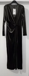 ZARA DARK KHAKI LONG SLEEVES FITTED VELVET DRESS WITH WAIST KNOT SIZE L BNWT - Picture 1 of 14