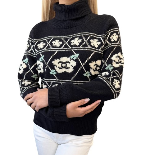 Maglione girocollo CHANEL vintage 95A CC logo cashmere nero bianco