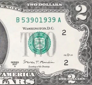 B 5390 1939 A : TRAILING YEAR 1939 $2 Two Dollar Bill Serial Number - Picture 1 of 3