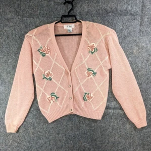 Vtg Lee David Cardigan Sweater Women Medium Pink Knit Button-Up Embroidery - Picture 1 of 14