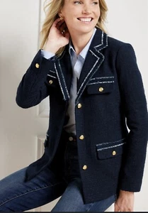 TALBOTS $169 Navy Fringe Trim Lined Tweed Notch Collar Blazer Jacket Size 23” - Picture 1 of 4