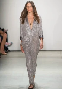 ERIN FETHERSTON Slouchy Smoking-Overall silber tief geschnitten Paillettenverzierung M L - Bild 1 von 8