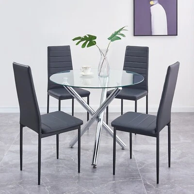 4x Black PU Leather Dining Chairs&Round Tempered Glass Silver Legs Dining Table - Image 1 of 4
