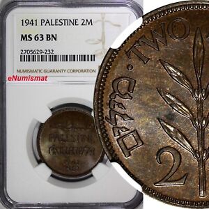 PALESTINE British Mandate Bronze 1941 2 Mils NGC MS63 BN KM# 2 (232)