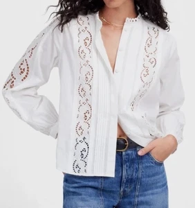 Top Madewell con inserción de encaje pintuck con botones blanco manga larga ojales talla L nuevo con etiquetas - Imagen 1 de 6