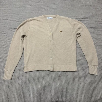 Cardigã vintage Haymaker Lacoste tamanho 40 médio marfim logotipo suéter década de 1970 Preppy - Imagem 1 de 4