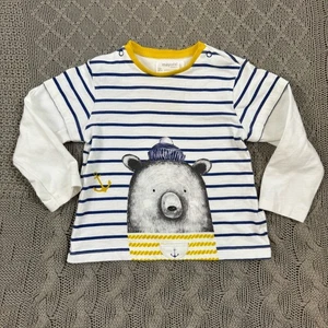 Mayoral Striped Bear Print Long Sleeved Shirt - Blue and White ~ 12M - Picture 1 of 12