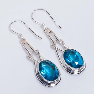 Swiss Blue Topaz Gemstone Ethnic Handmade 925 Sterling Silver Earrings 2" T941 - Picture 1 of 6