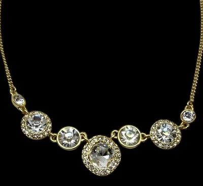 Gold Tone White Rhinestone Necklace Statement Bib Retro Glam Prom Date Night - Image 1 of 4