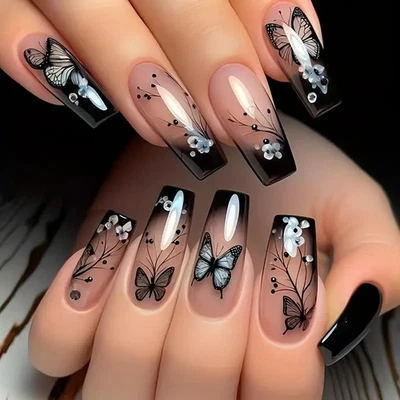 24pcs Ballet Press-On Nails, Medium Length, Glossy, Colorful Butterfly Design - Image 1 of 3