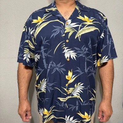 Camisa Paradise Found Hombres Bambú Paraíso Azul Marino Hawaiano Floral Cuello Talla XL Foto 1 de 4